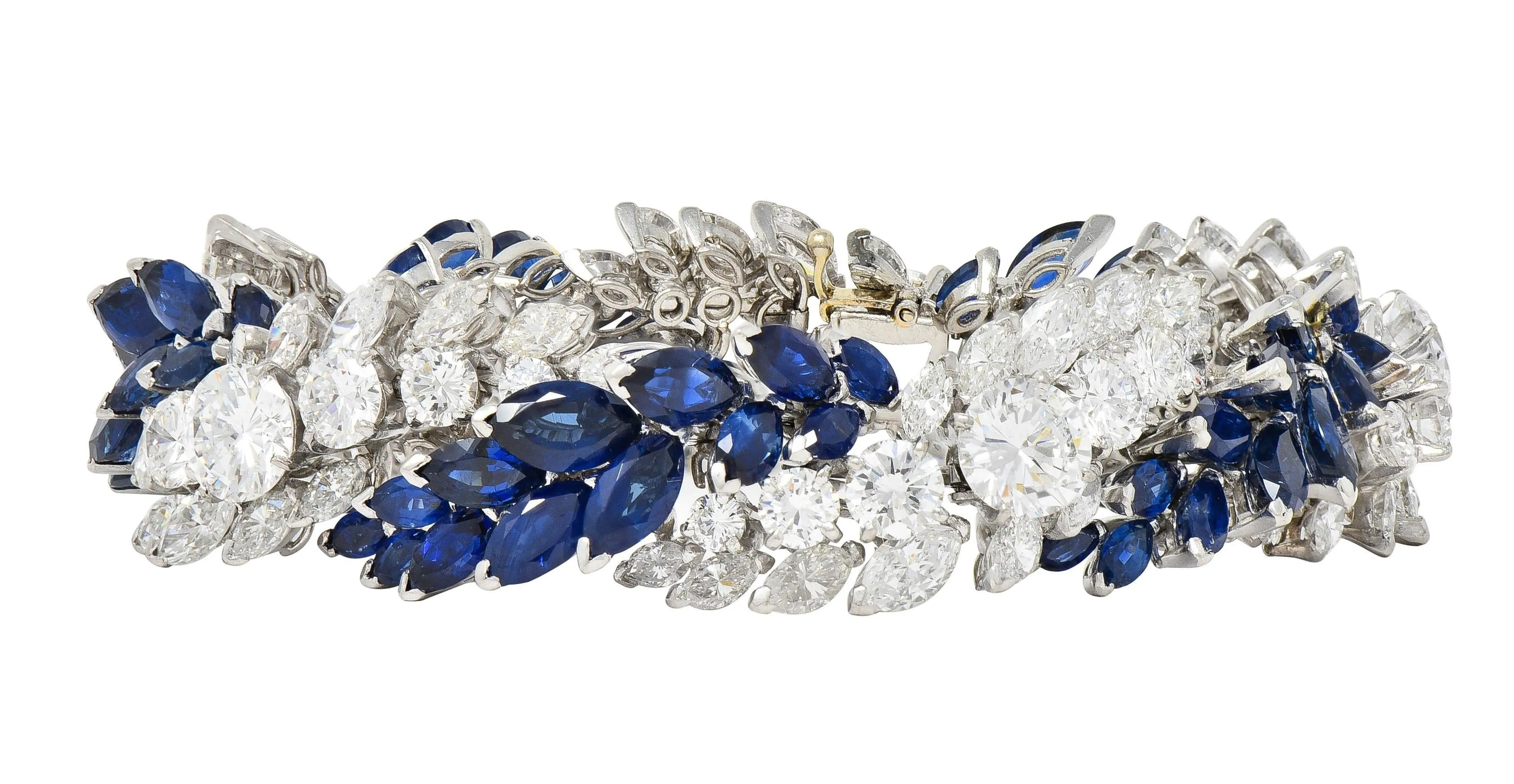 French Mid-Century 51.70 CTW Marquise Sapphire Diamond Platinum Vintage Twist Bracelet