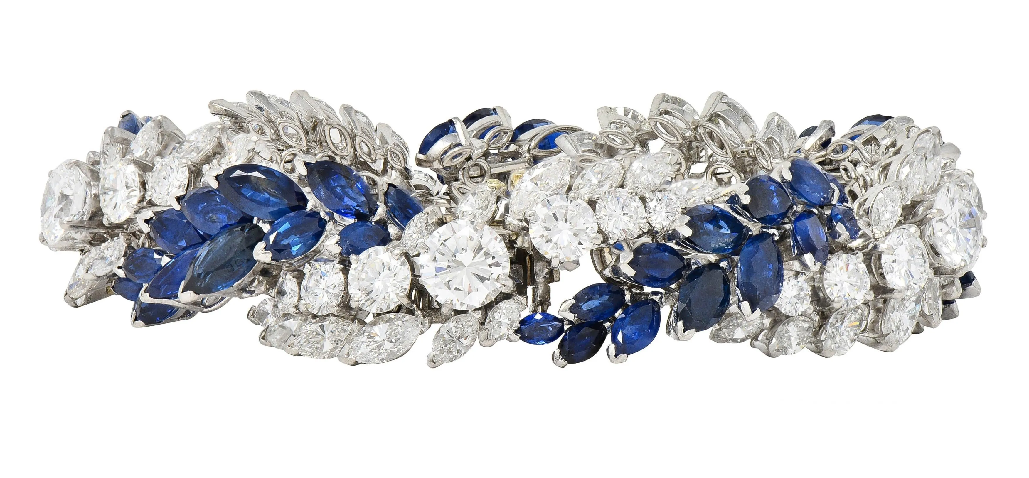 French Mid-Century 51.70 CTW Marquise Sapphire Diamond Platinum Vintage Twist Bracelet