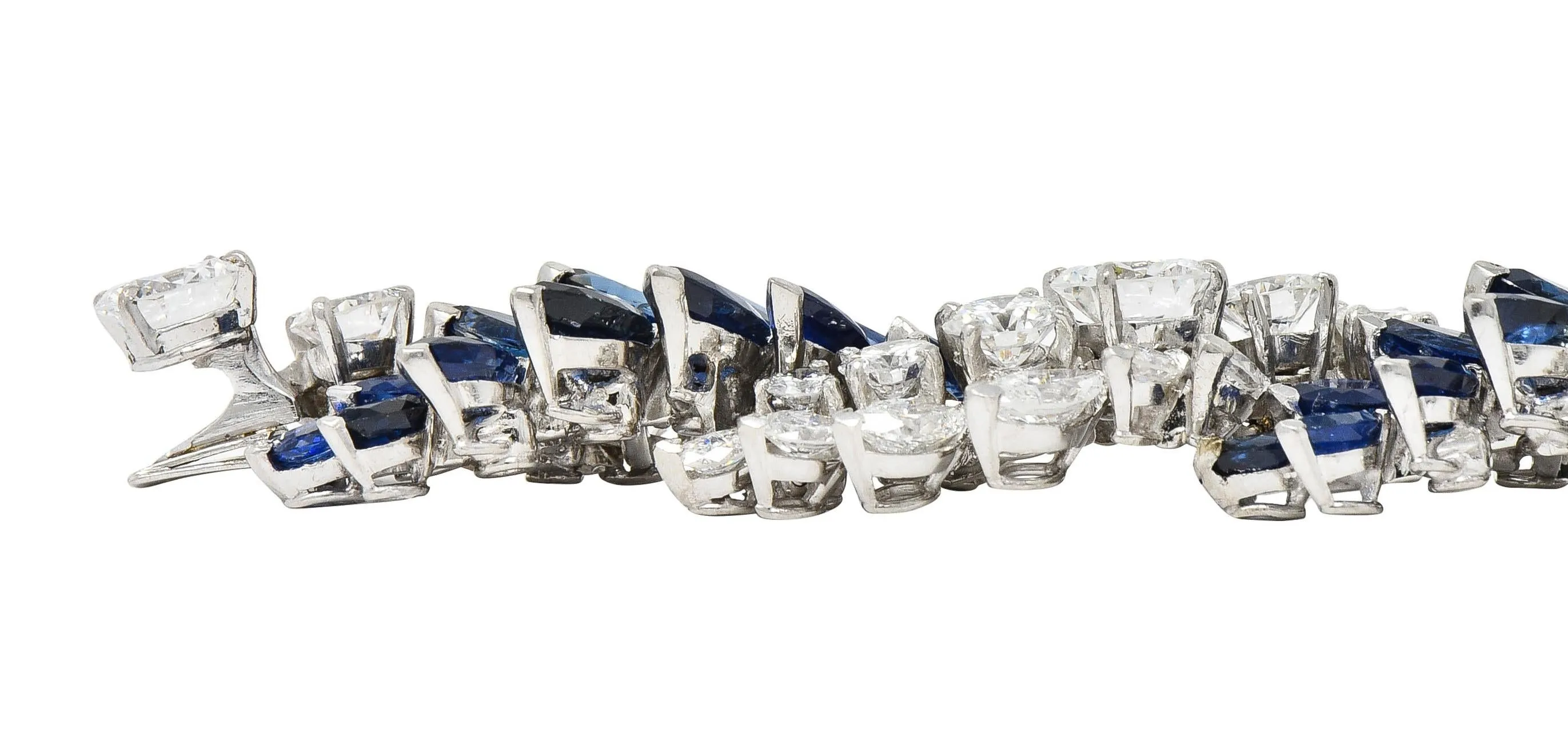 French Mid-Century 51.70 CTW Marquise Sapphire Diamond Platinum Vintage Twist Bracelet