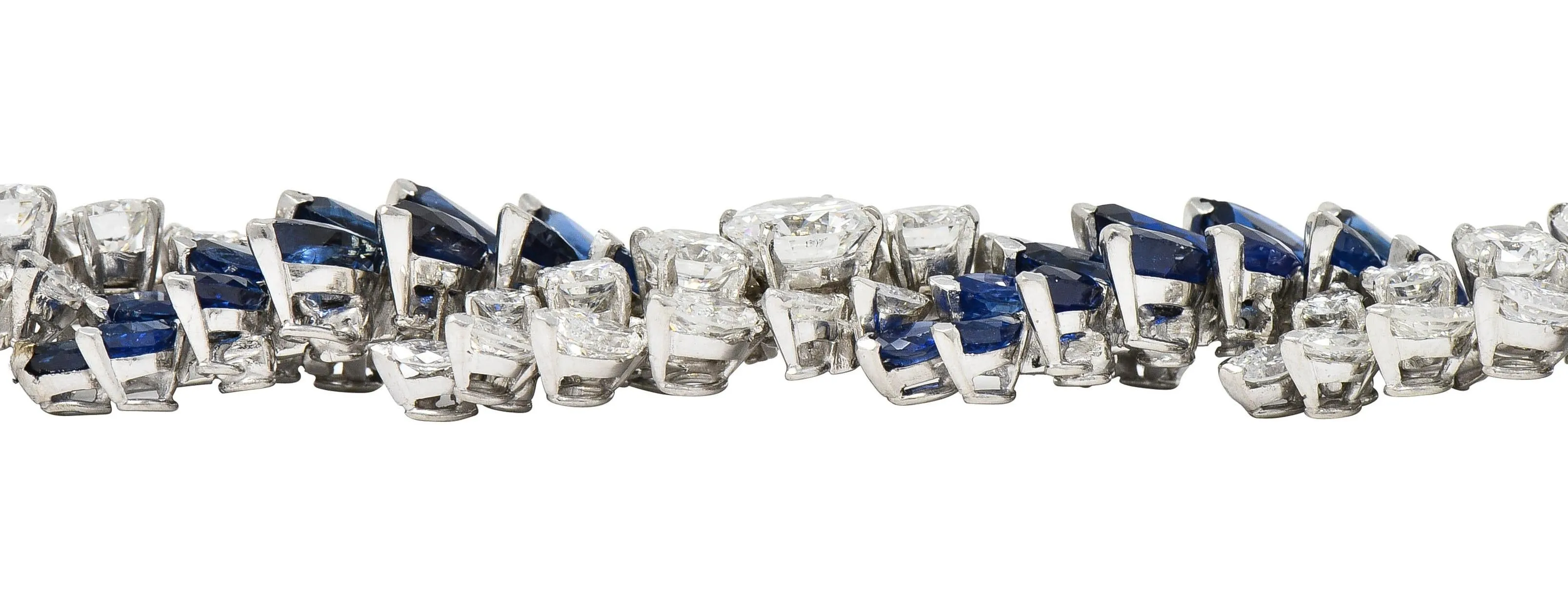 French Mid-Century 51.70 CTW Marquise Sapphire Diamond Platinum Vintage Twist Bracelet