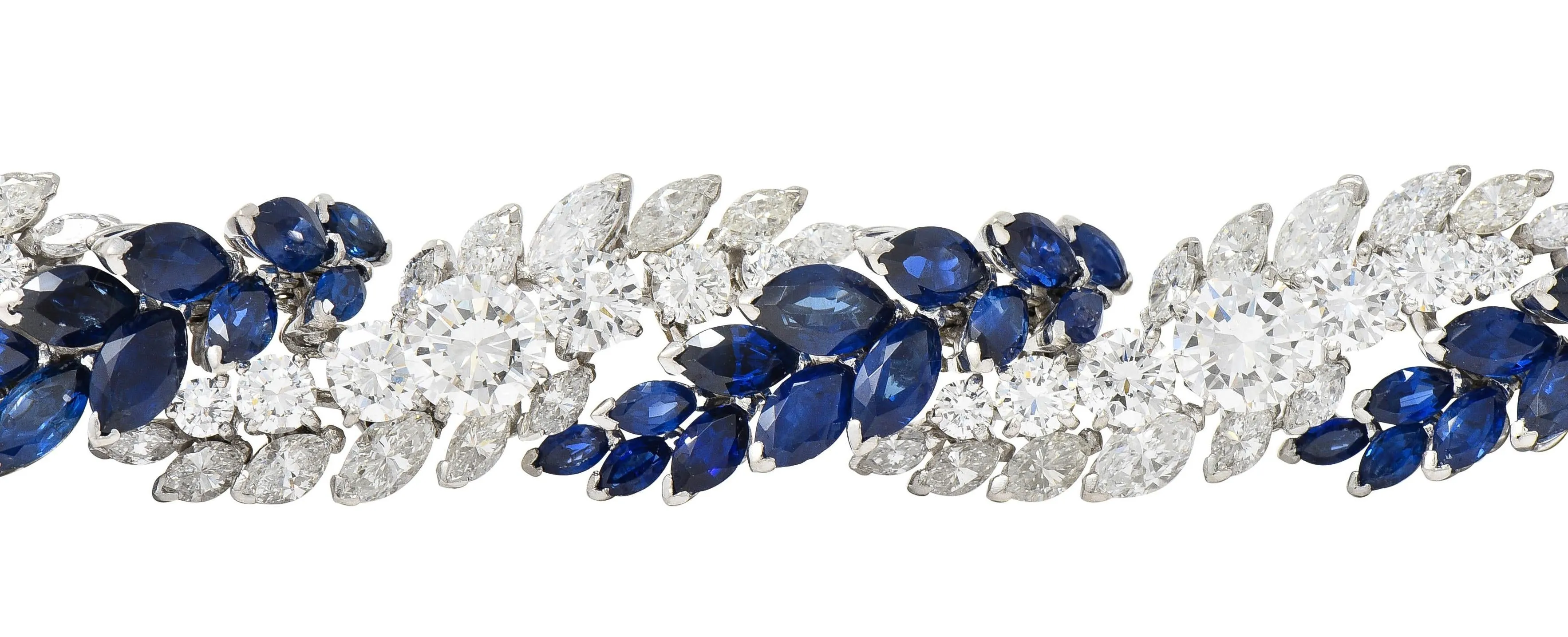 French Mid-Century 51.70 CTW Marquise Sapphire Diamond Platinum Vintage Twist Bracelet
