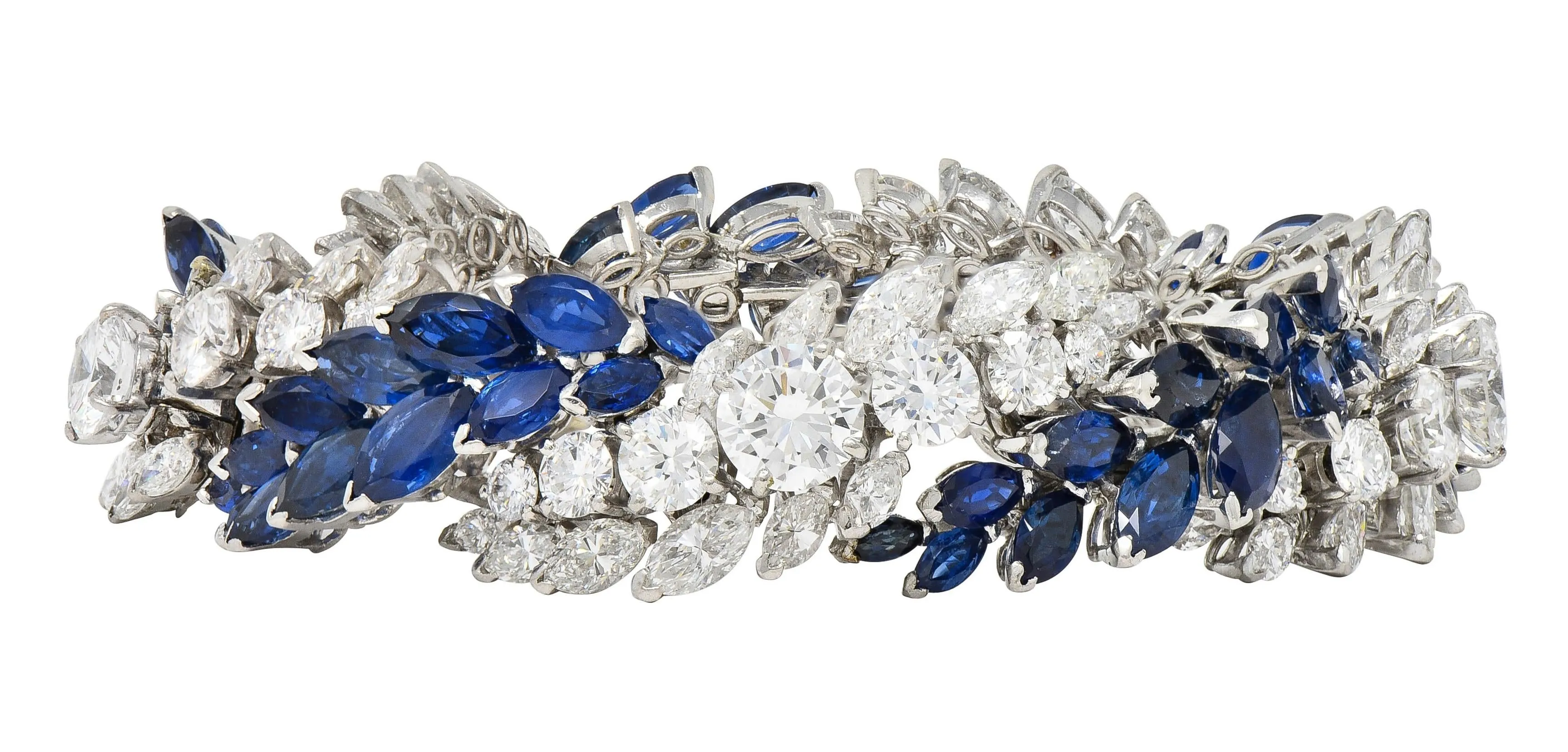 French Mid-Century 51.70 CTW Marquise Sapphire Diamond Platinum Vintage Twist Bracelet