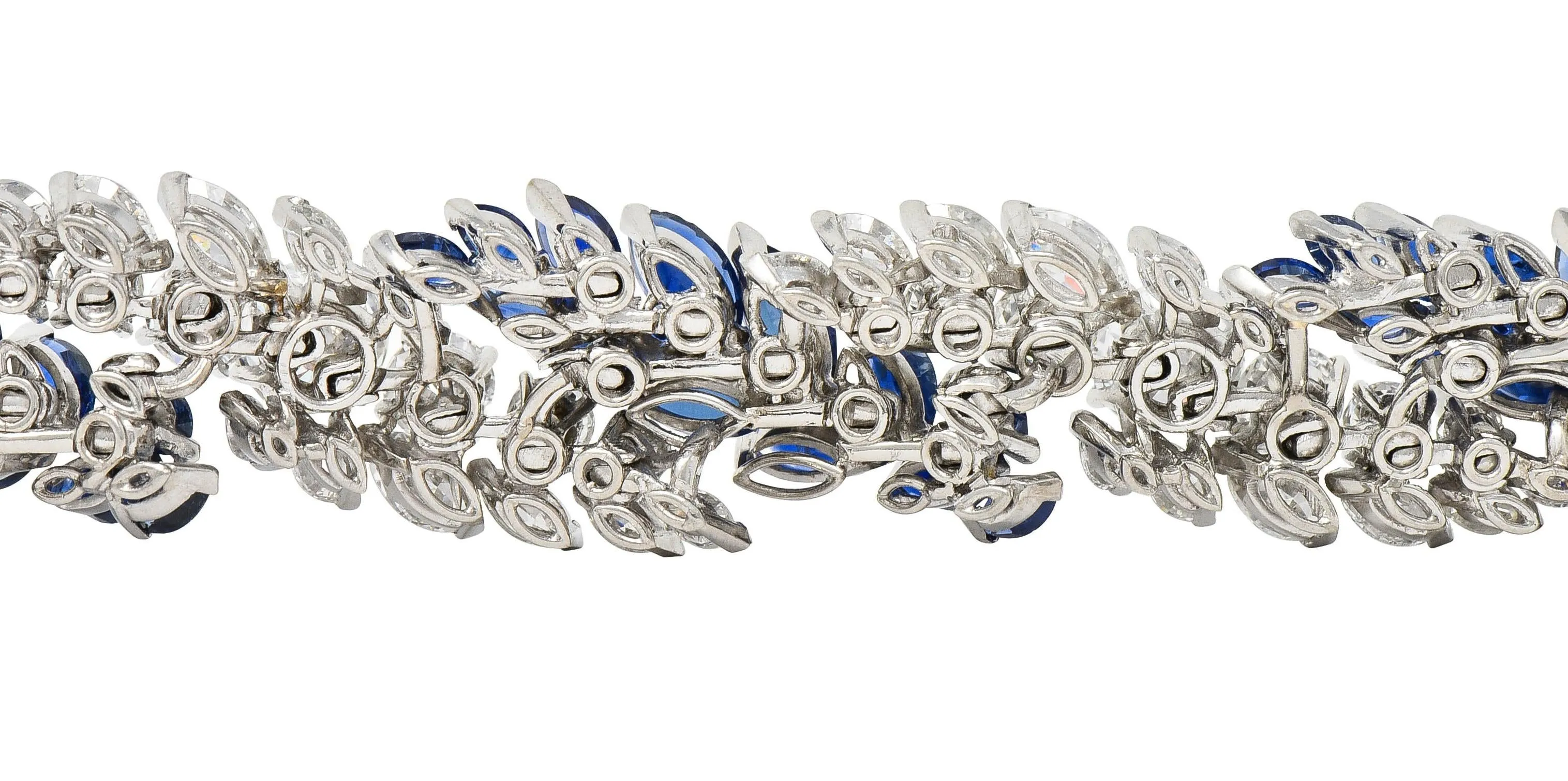 French Mid-Century 51.70 CTW Marquise Sapphire Diamond Platinum Vintage Twist Bracelet