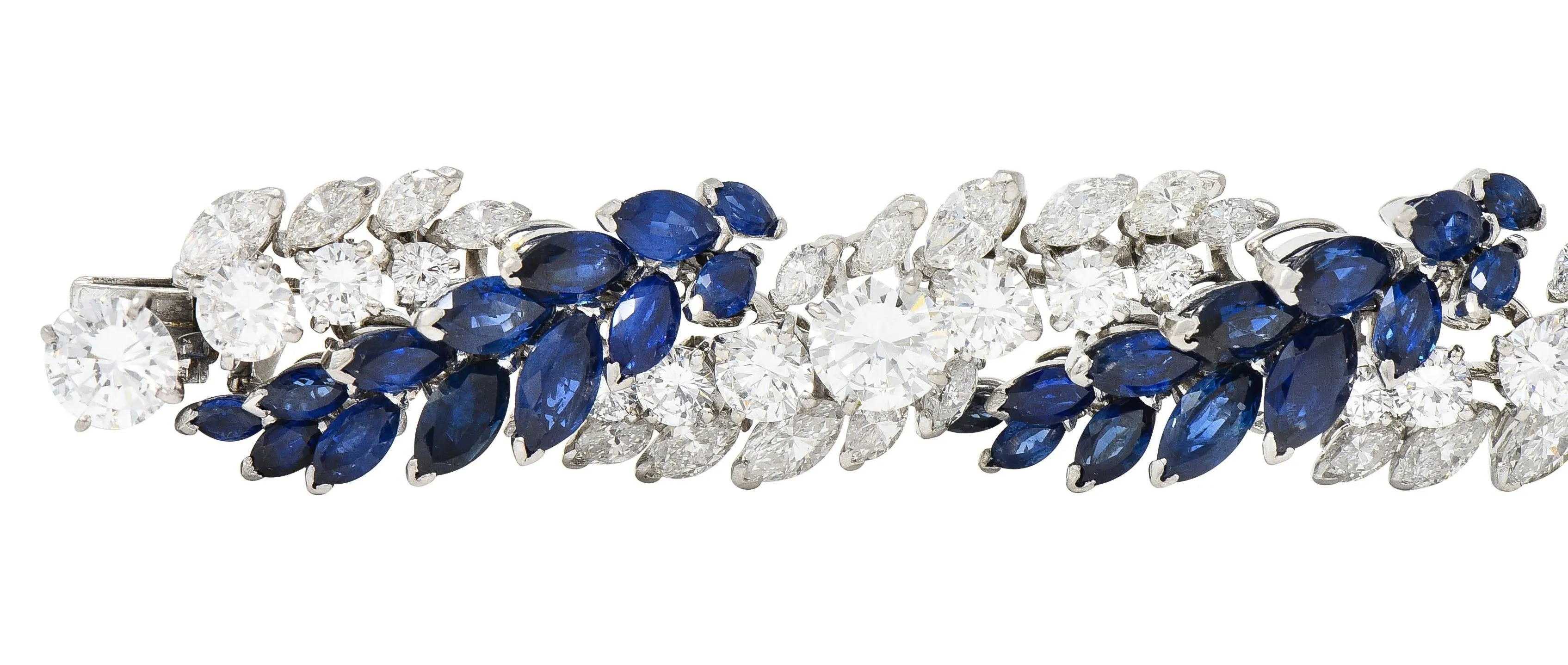 French Mid-Century 51.70 CTW Marquise Sapphire Diamond Platinum Vintage Twist Bracelet