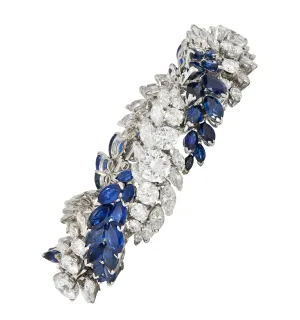 French Mid-Century 51.70 CTW Marquise Sapphire Diamond Platinum Vintage Twist Bracelet