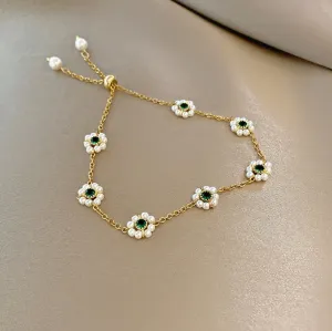 French Retro Green Crystal Pearl Flower Bracelets
