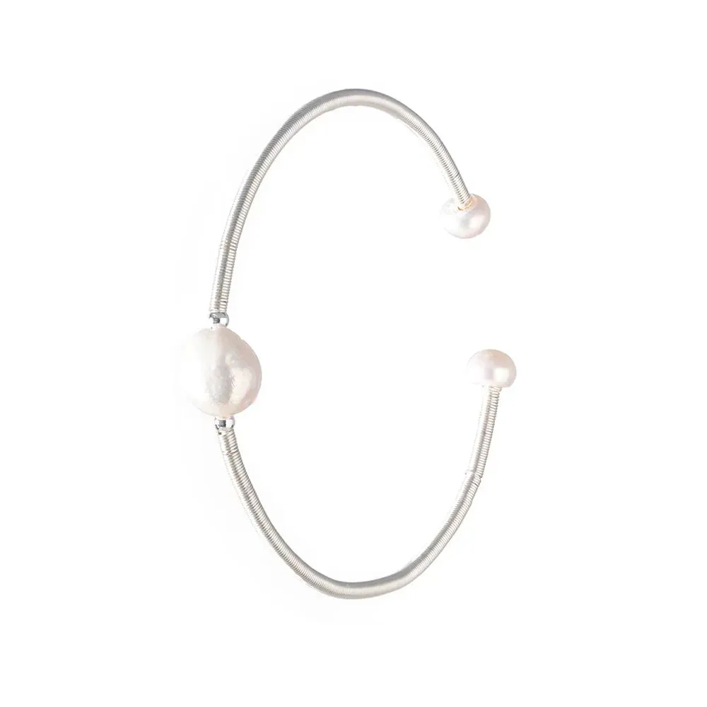 Freshwater Pearl Stainless Steel Silver Single Pearl Cuff Bracelet