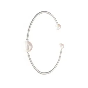 Freshwater Pearl Stainless Steel Silver Single Pearl Cuff Bracelet
