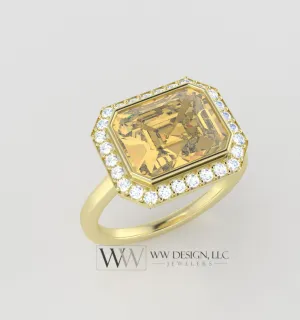 Genuine 3.15ct Citrine East West Emerald Shaped Ring with 0.28ctw Diamond Halo - 14k 18k Gold (Y, R,W) Platinum