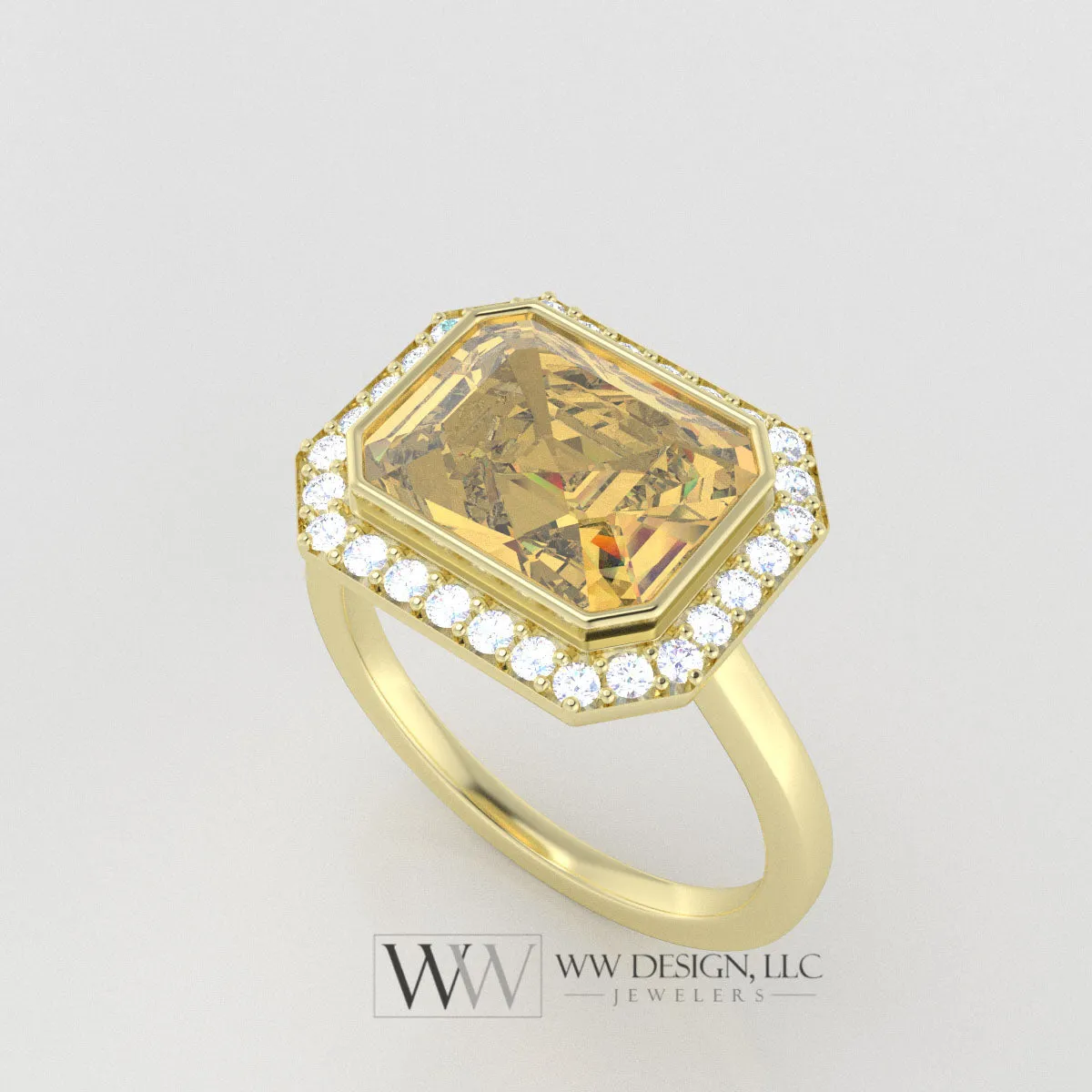 Genuine 3.15ct Citrine East West Emerald Shaped Ring with 0.28ctw Diamond Halo - 14k 18k Gold (Y, R,W) Platinum