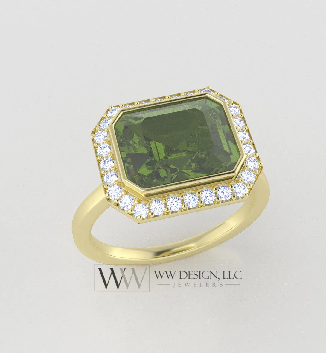 Genuine 3.65ct Peridot East West Emerald Shaped Ring with 0.28ctw Diamond Halo - 14k 18k Gold (Y, R,W) Platinum