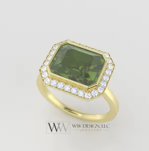 Genuine 3.65ct Peridot East West Emerald Shaped Ring with 0.28ctw Diamond Halo - 14k 18k Gold (Y, R,W) Platinum