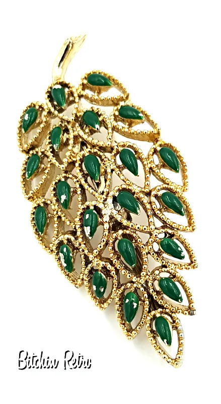 Gerry's Vintage Filigree Leaf Brooch with Green Enameled Inset Leaves