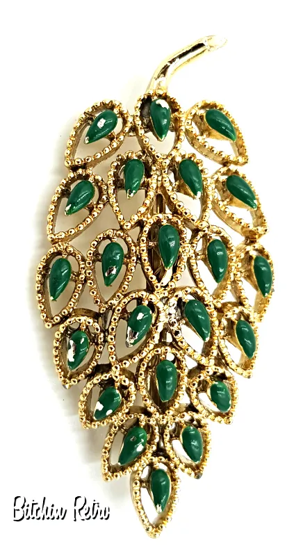 Gerry's Vintage Filigree Leaf Brooch with Green Enameled Inset Leaves