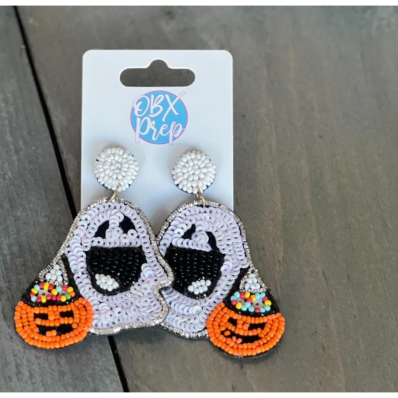 Ghost with Pumpkin Sequin Beaded Dangle Earrings