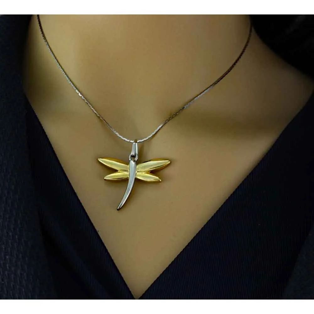 Gold and Silver Dragonfly Pendant with Silver Chain - PT471
