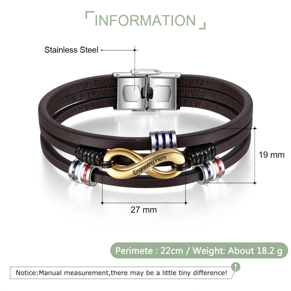 Gold Infinity Symbol Personalized 3-Layer Brown Leather Bracelets Custom Men's Name Bracelets
