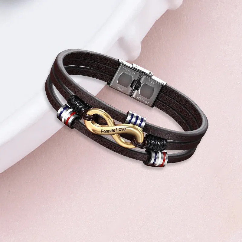 Gold Infinity Symbol Personalized 3-Layer Brown Leather Bracelets Custom Men's Name Bracelets