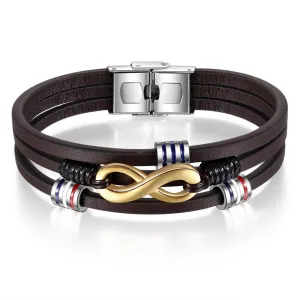 Gold Infinity Symbol Personalized 3-Layer Brown Leather Bracelets Custom Men's Name Bracelets
