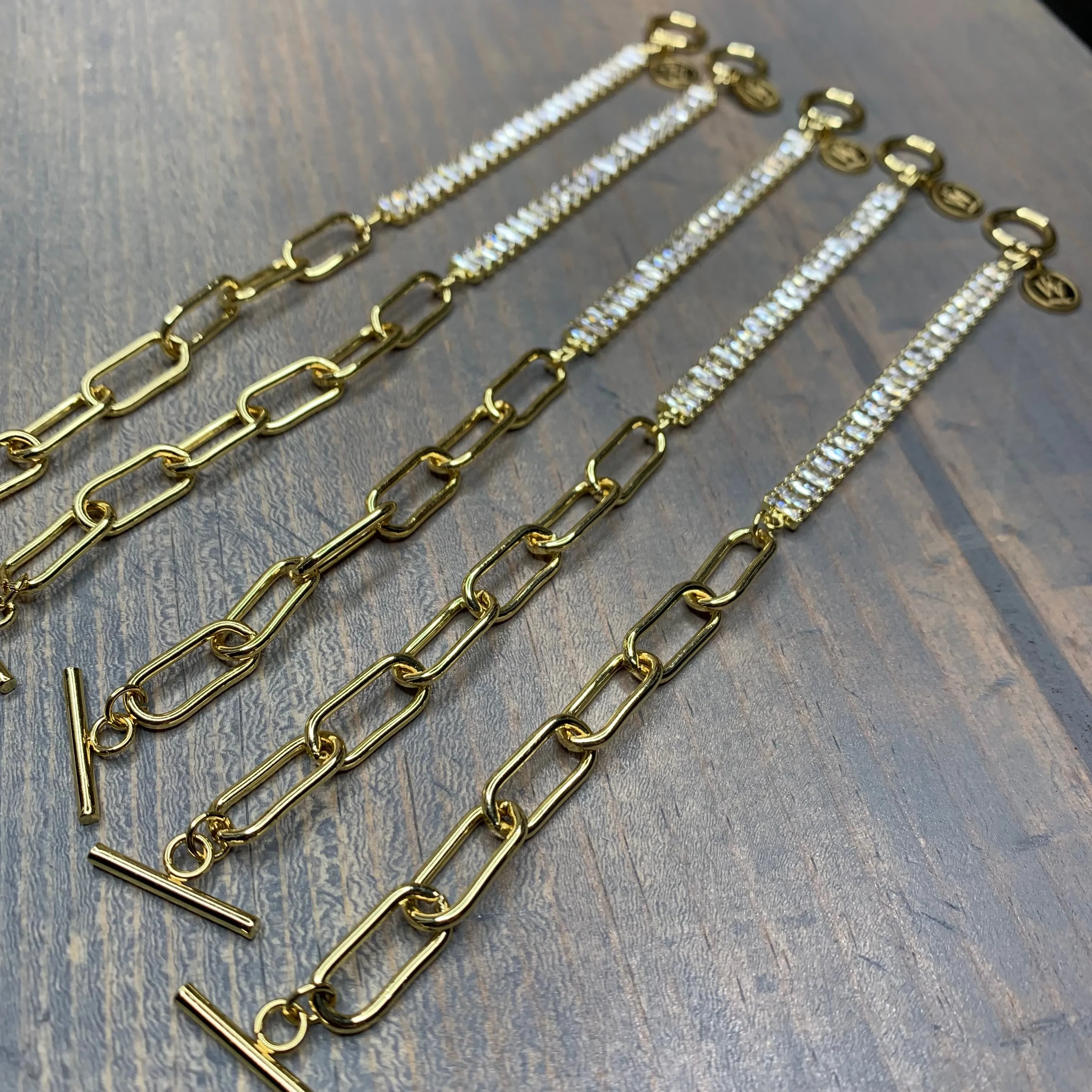 Gold Plated Baguette Cubic Zircon and Paper Clip Chain Bracelet 410-21 | Erika Williner Designs