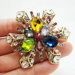 Gold Tone Classic Snowflake Flower Pendant Brooch Colorful Rhinestone Crystal