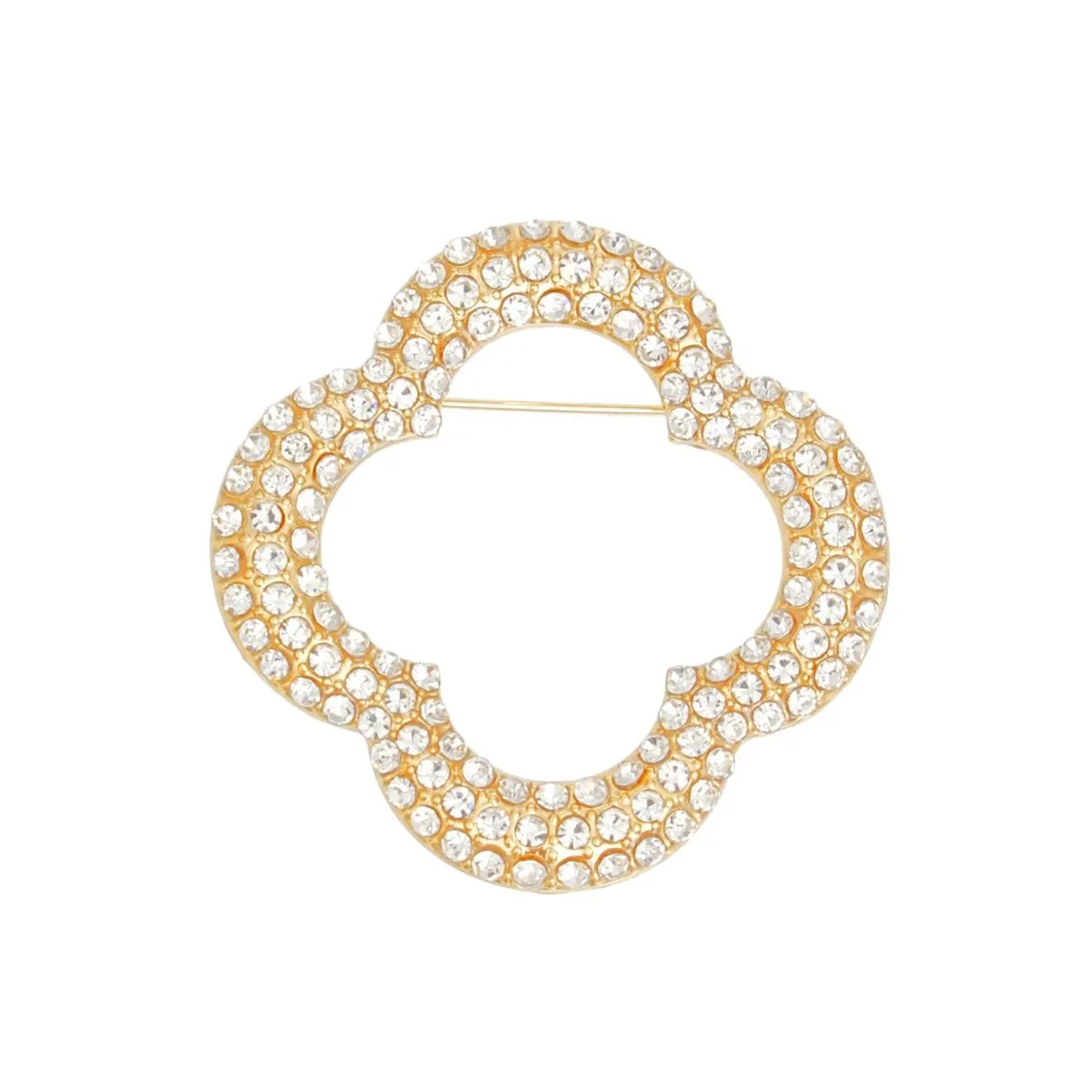 Gold Tone Rhinestone Quatrefoil Clover Brooch - Elegant Women’s Pin