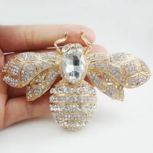 Gold Tone Vintage Bee Insect Pendant Woman Brooch Clear Austrian Crystal