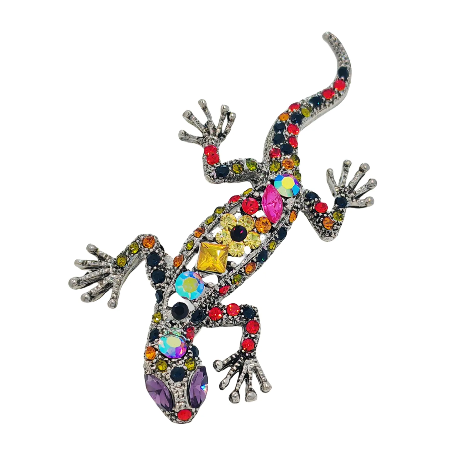 Gorgeous Colored Rhinestone Crawling Lizard Brooch with Flower Accent