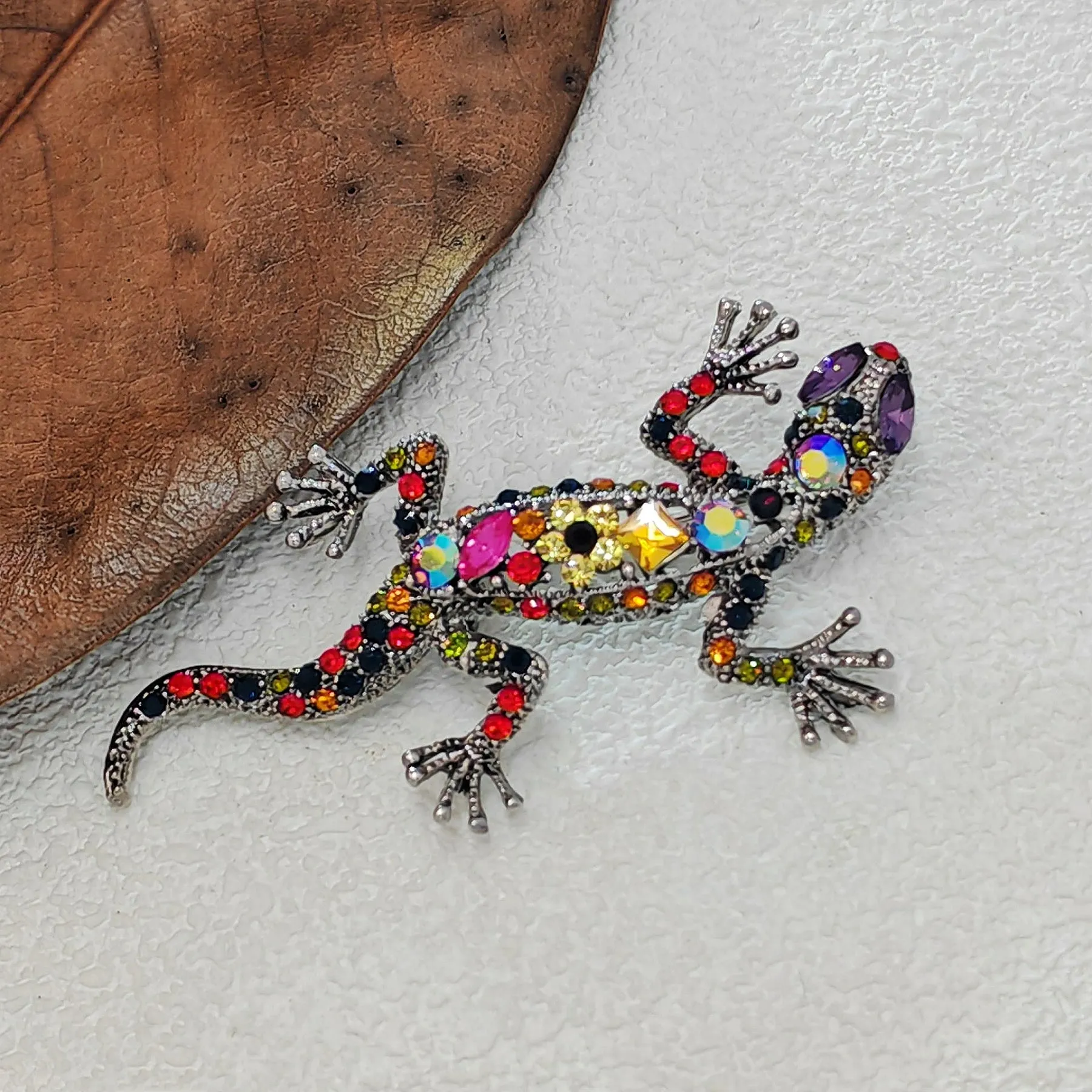 Gorgeous Colored Rhinestone Crawling Lizard Brooch with Flower Accent