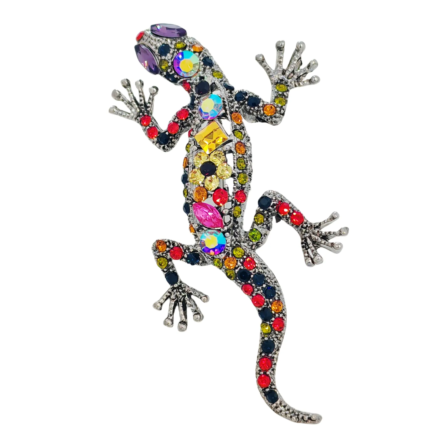 Gorgeous Colored Rhinestone Crawling Lizard Brooch with Flower Accent