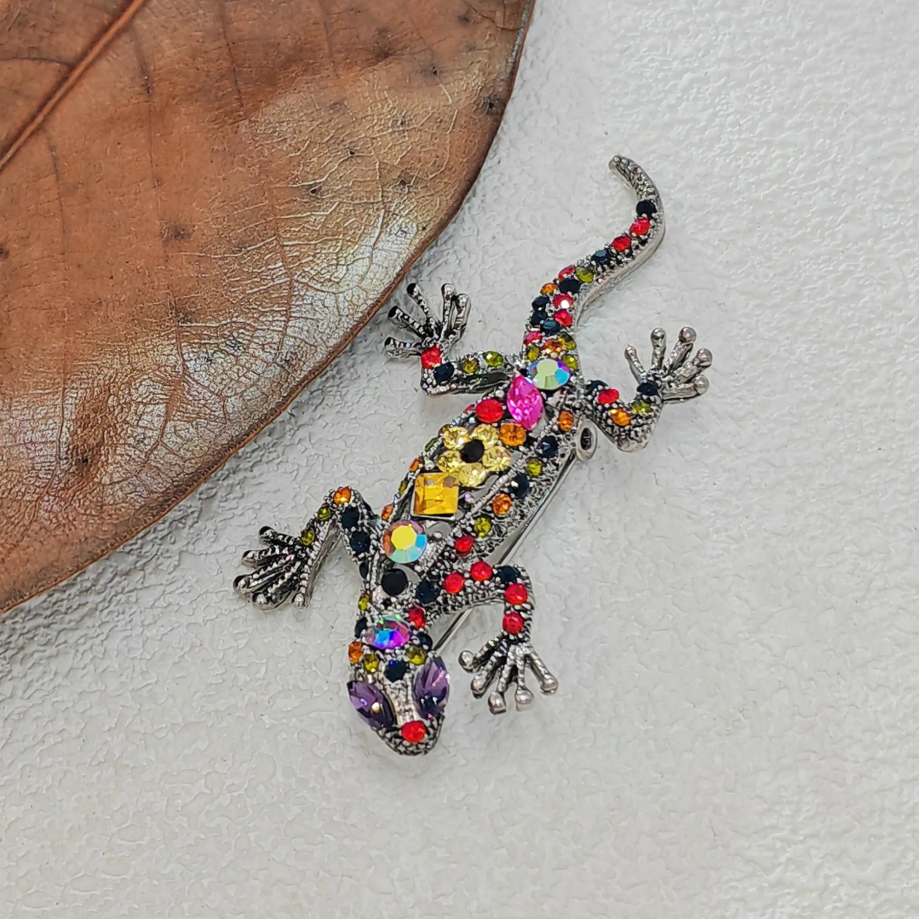 Gorgeous Colored Rhinestone Crawling Lizard Brooch with Flower Accent