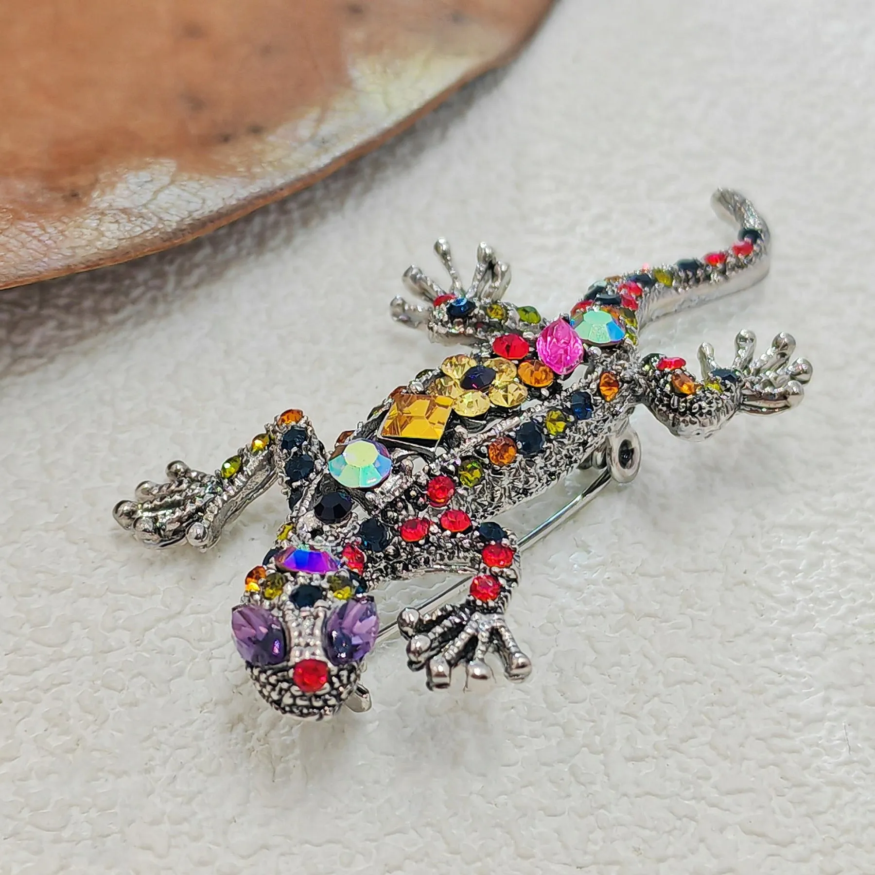 Gorgeous Colored Rhinestone Crawling Lizard Brooch with Flower Accent