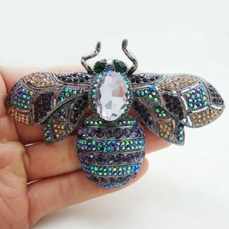 Gothic Style Classic Bee Insectl Purple Rhinestone Crystal Brooch Pin Woman Jewelry