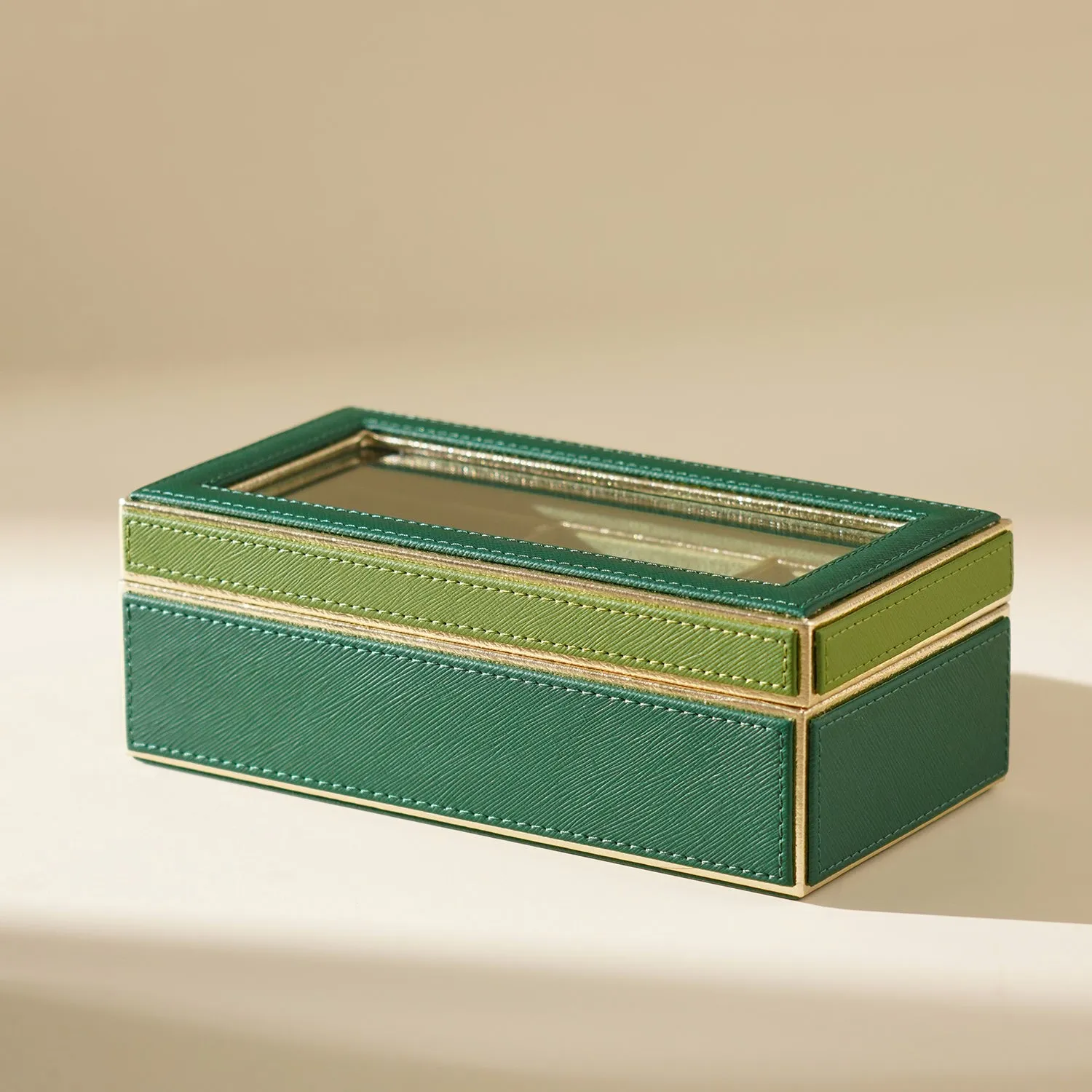 Green 3 Compartment Faux Leather Watch Box