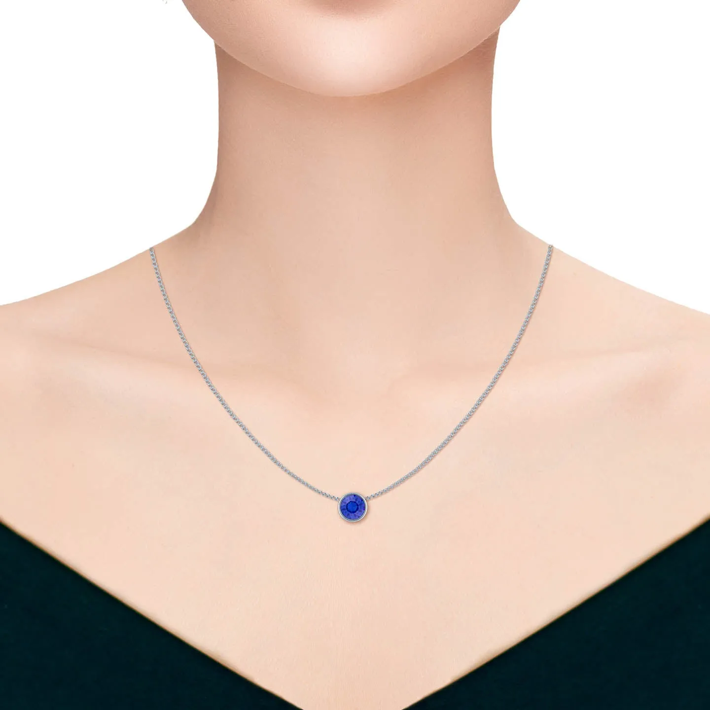 Harley Small Pendant Necklace with Blue Sapphire Round Crystals from Swarovski Silver Toned Rhodium Plated