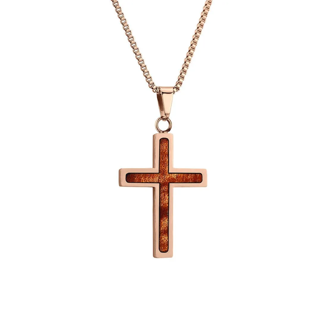 Hawaiian Koa Wood Cross Necklace - Rose Gold