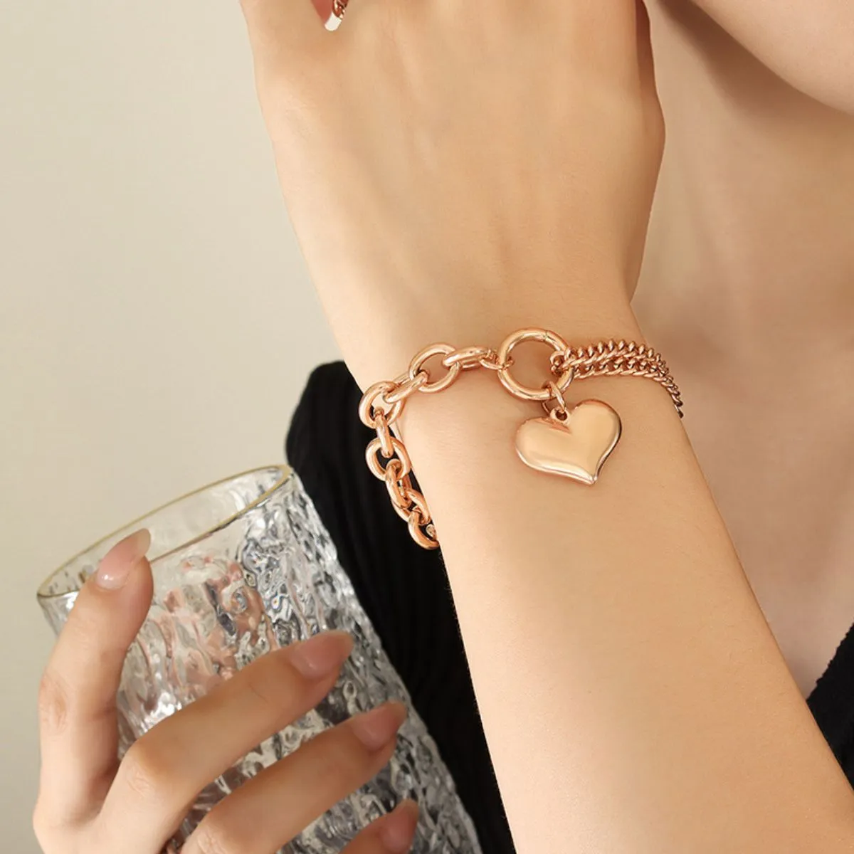 Heart Charm Double Twist Chain Bracelet