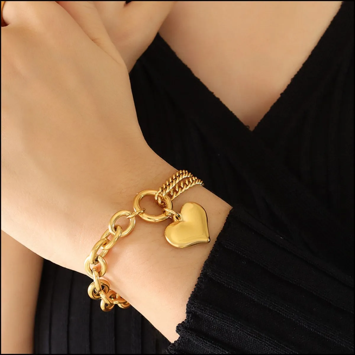 Heart Charm Double Twist Chain Bracelet