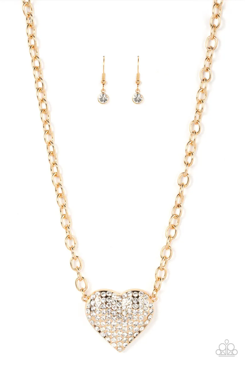 Heartbreakingly Blingy - Gold - White Rhinestone Encrusted Paparazzi Short  Necklace