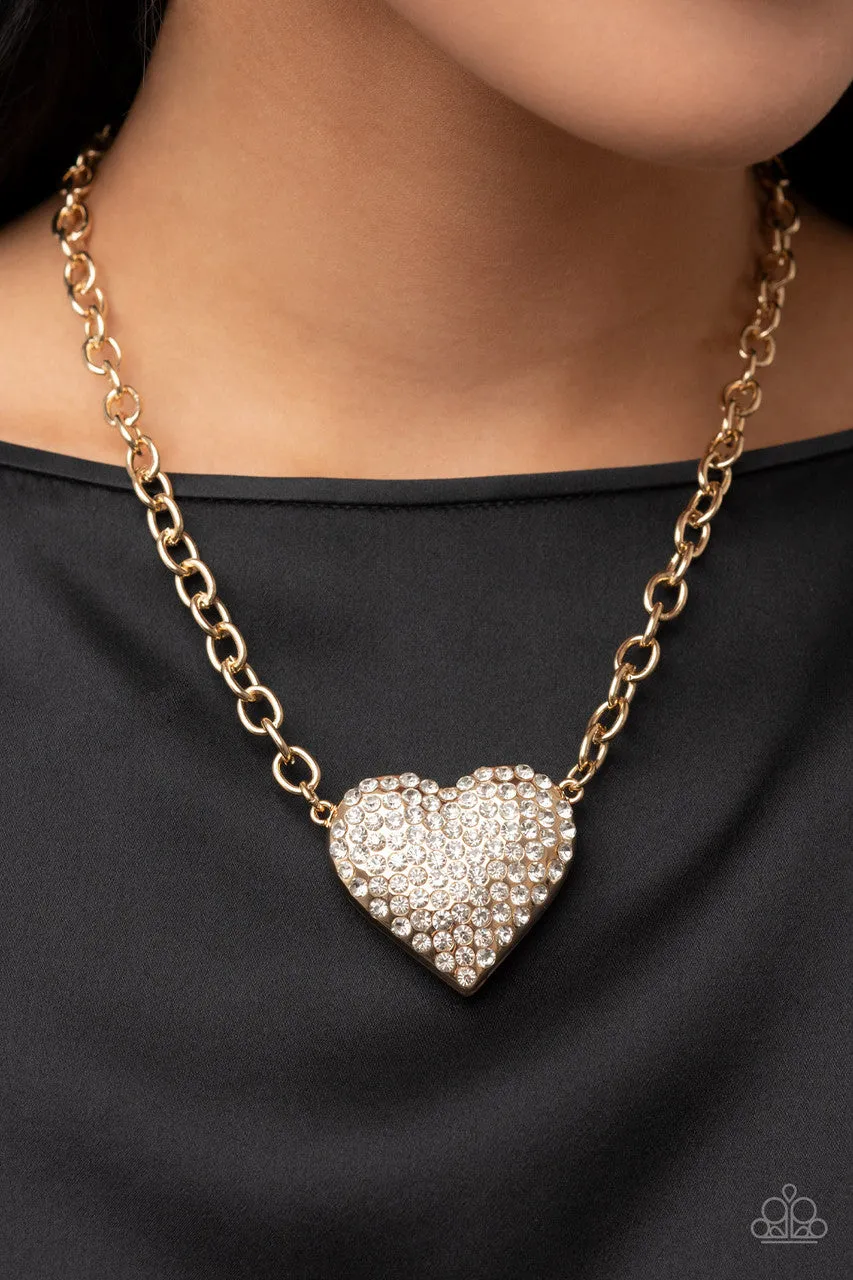 Heartbreakingly Blingy - Gold - White Rhinestone Encrusted Paparazzi Short  Necklace