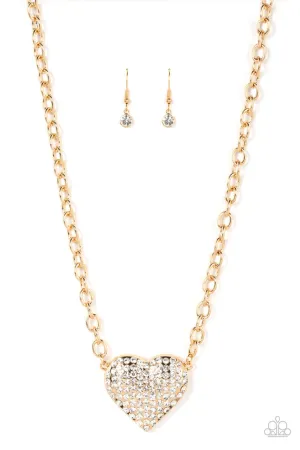 Heartbreakingly Blingy - Gold - White Rhinestone Encrusted Paparazzi Short  Necklace