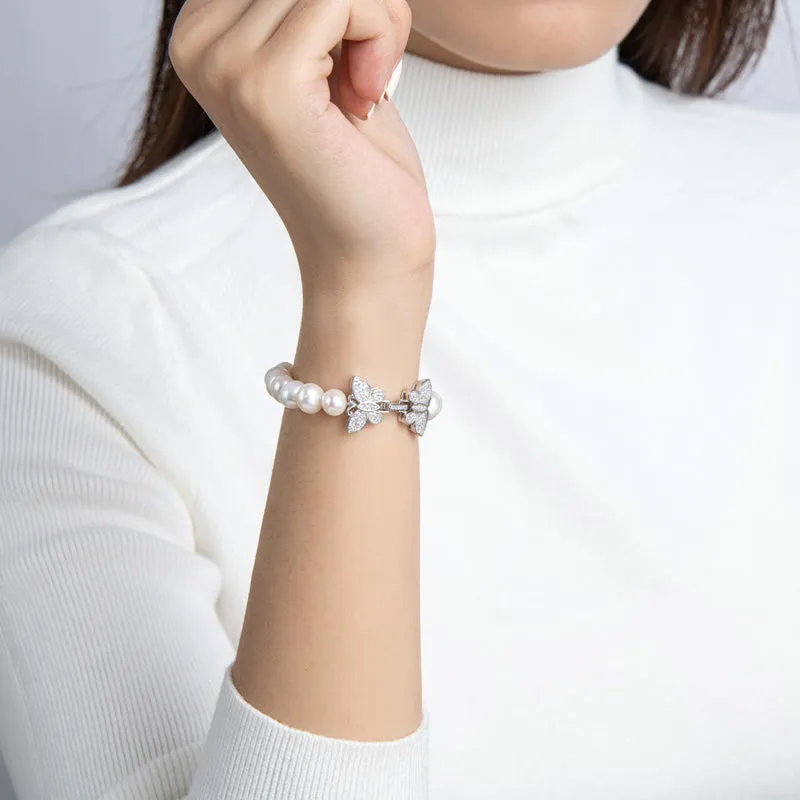 High Luster Cultured White Freshwater Pearl Butterfly Bracelet