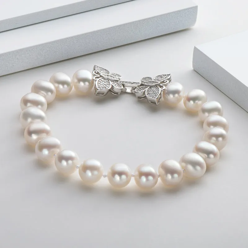 High Luster Cultured White Freshwater Pearl Butterfly Bracelet
