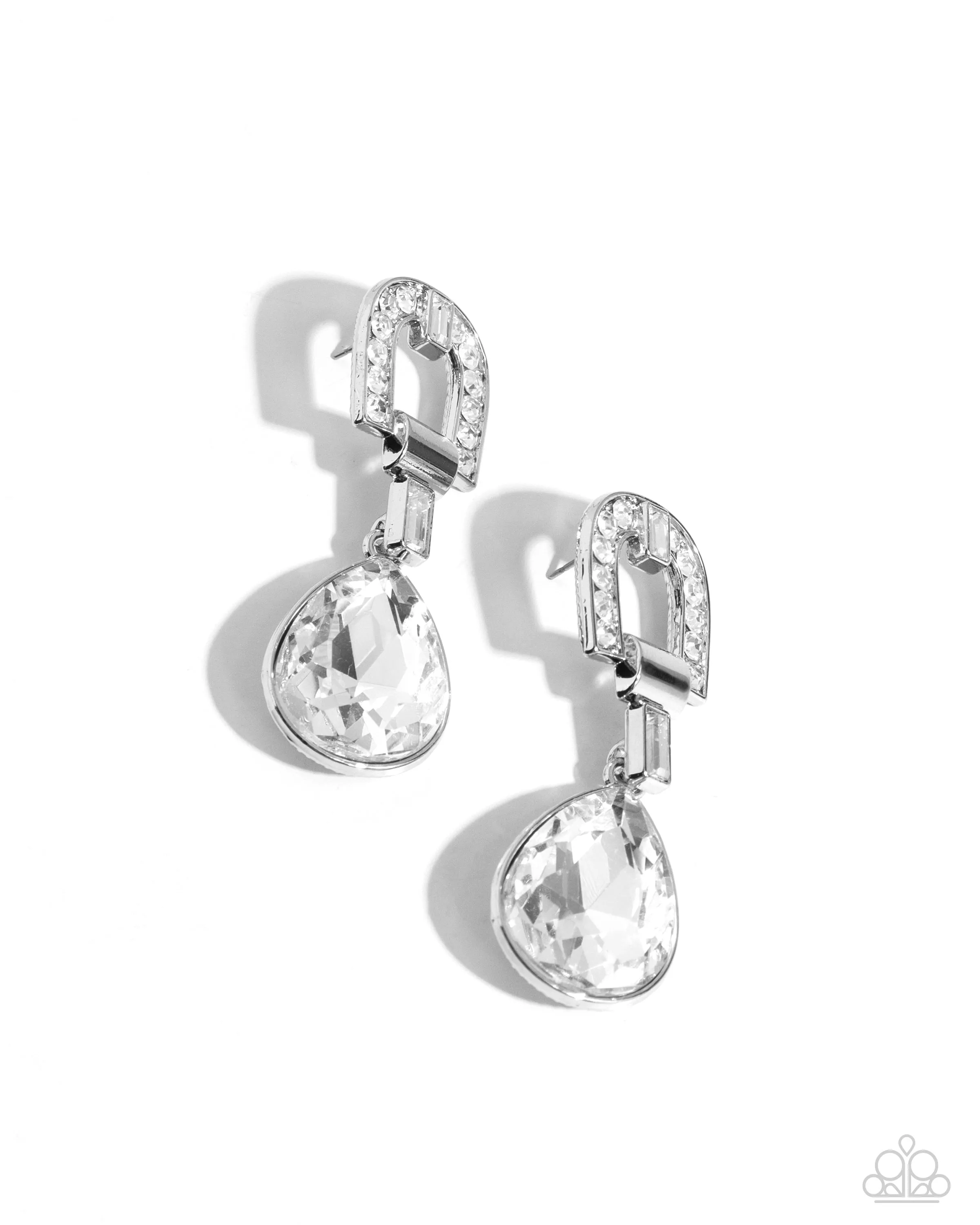 In ARCHING Order - White - Rhinestone Oversized Teardrop Gem Paparazzi Post Earrings