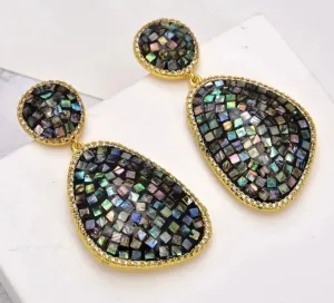Iridescent Rainbow Abalone Shell Gold Statement Earrings 2.0"