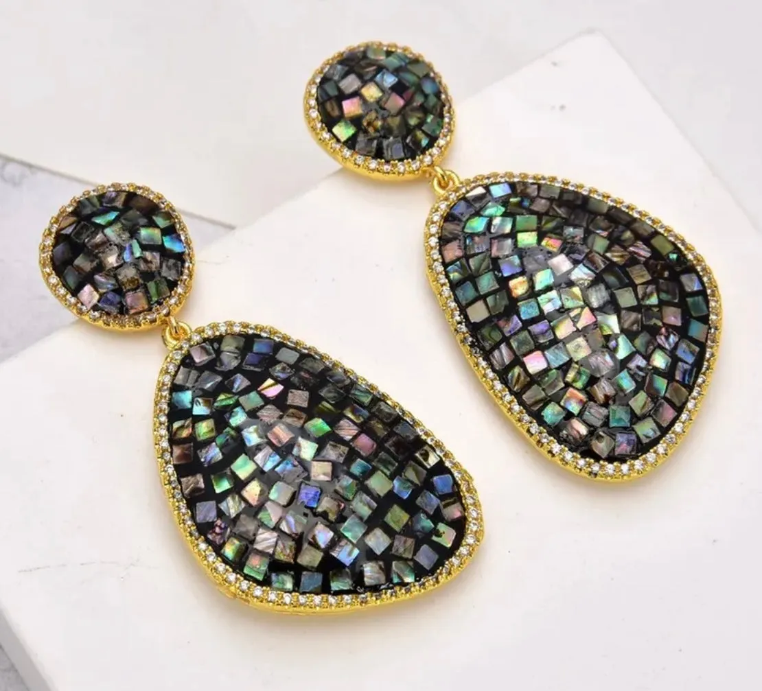 Iridescent Rainbow Abalone Shell Gold Statement Earrings 2.0"