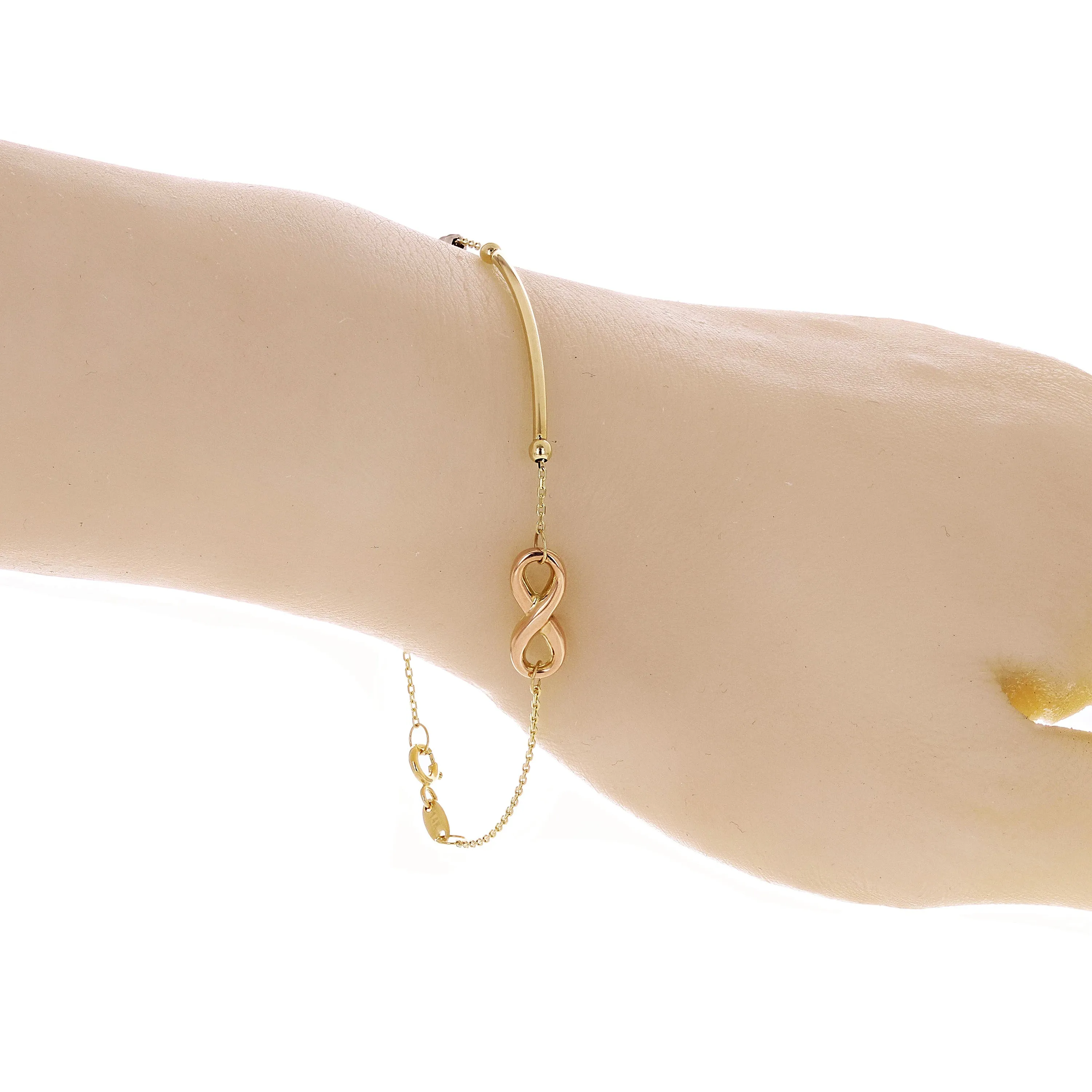 Italian 14k Tri Color Gold Infinity Charm Bar Link Bracelet 7.25" 1.7 grams