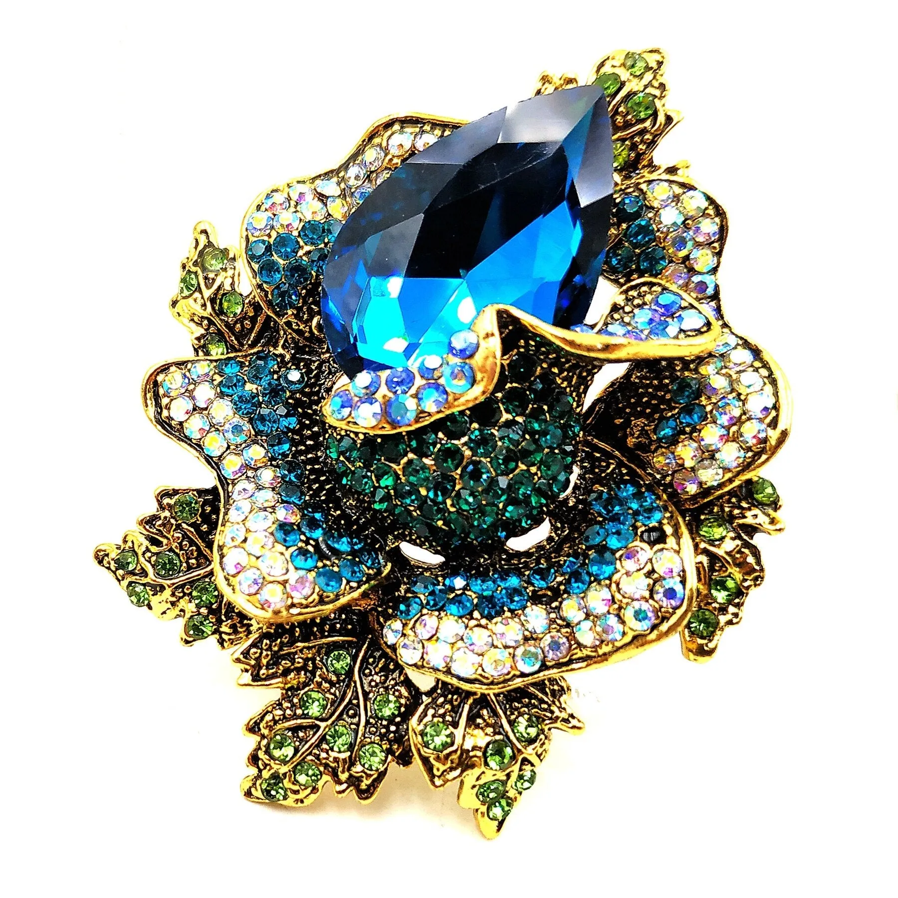 Jewelblings Fancy Style AB Accent Crystal Large Rhinestone Blue Rose Brooches and Pins for Women Prom Ball Gala Dress Party Luxury Accessory