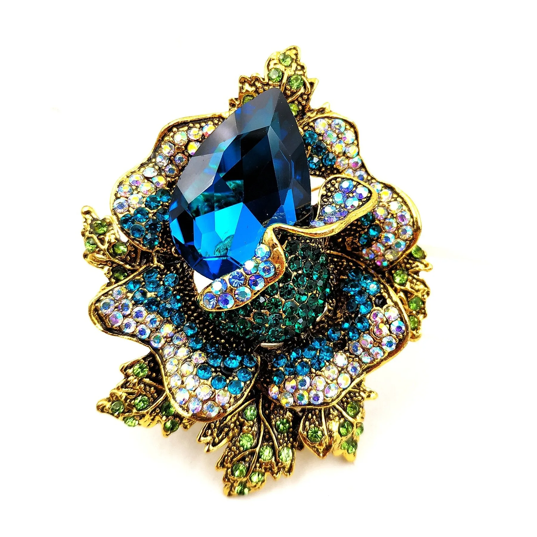 Jewelblings Fancy Style AB Accent Crystal Large Rhinestone Blue Rose Brooches and Pins for Women Prom Ball Gala Dress Party Luxury Accessory