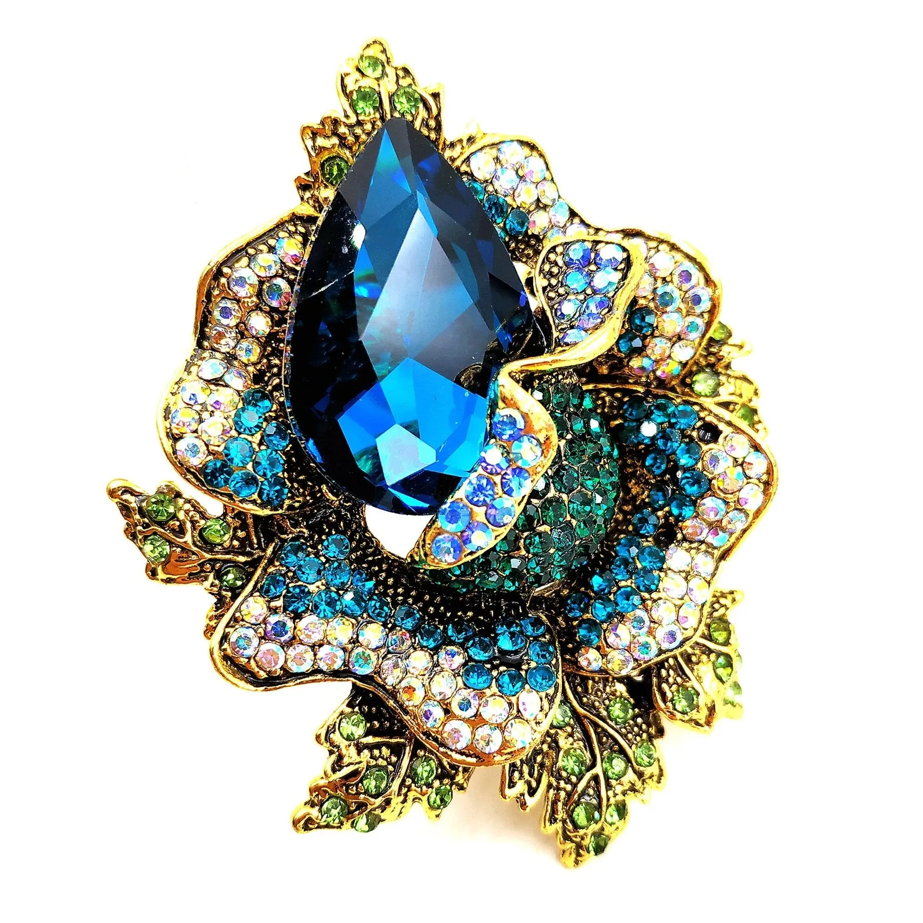 Jewelblings Fancy Style AB Accent Crystal Large Rhinestone Blue Rose Brooches and Pins for Women Prom Ball Gala Dress Party Luxury Accessory